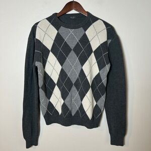 EUC John Galt Argyle Sweater Womens One Size Grey White Crew Neck Knit